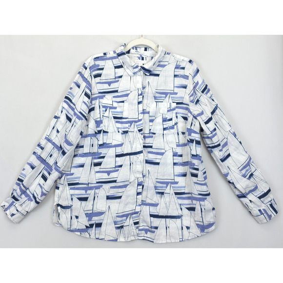 Charter Club Tops - Charter Club Linen Button Up Shirt Women L White Boats Nautical Coastal Grandma